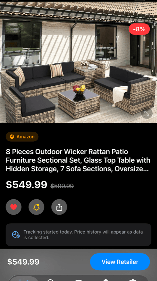 BuckHound iOS deal detail showing item price, discount, retailer action, and tracking state.