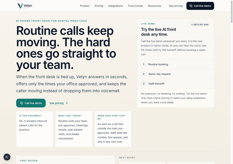 Velyn Dental product site showing the live demo call flow and practice setup context.